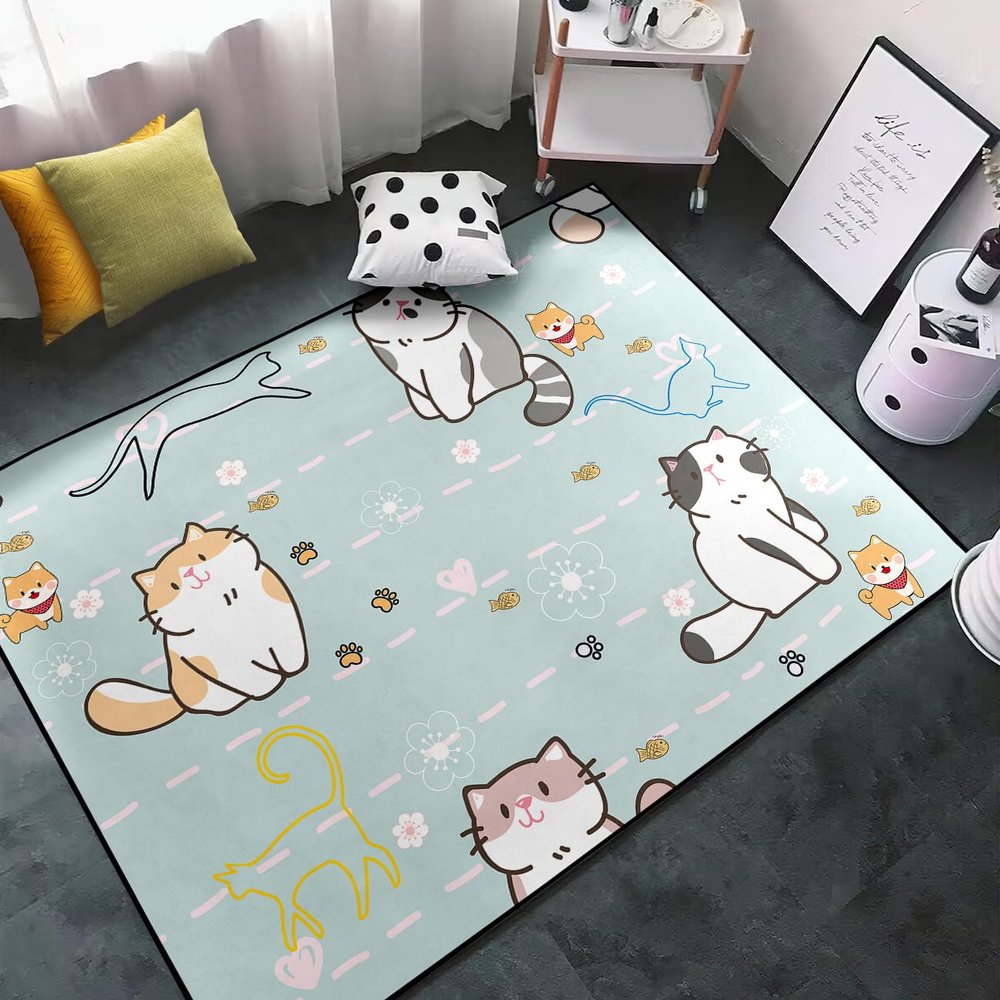 Cartoon Cat Rugs for Girls Lovely Kids Room Decor Carpets Blue Animal Theme Ultra Soft Carpet Sofa Floor Mat for Living Sitting Playing Room Flannel Cartoon Cats Rug for Girls Bedroom, 4'5'