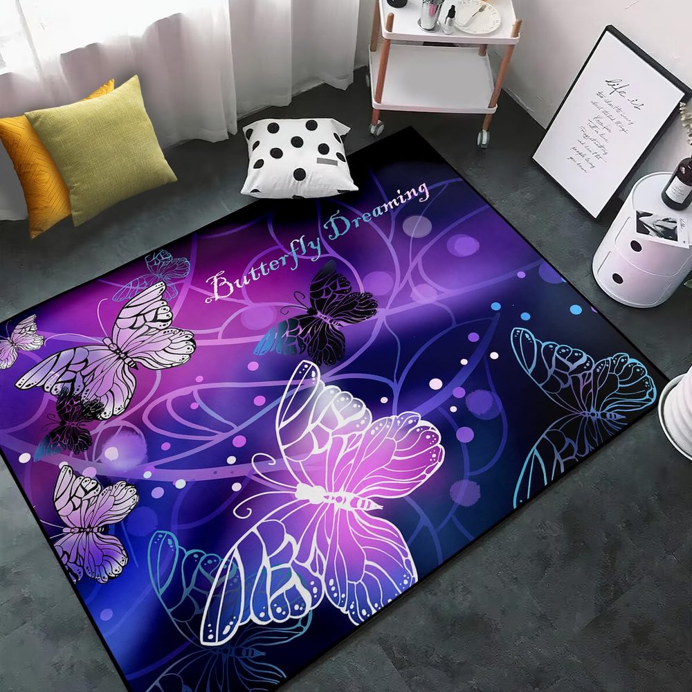 Cartoon Butterfly Rugs for Girls Lovely Kids Room Decor Carpets Purple Animal Theme Soft Carpet Sofa Floor Mat for Living Sitting Playing Room Flannel Cartoon Butterfly Rug for Girls Bedroom, 4'5'
