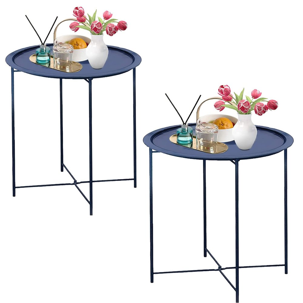 Garden 4 you End Table 2 PCS Metal Side Table Dark Blue Round Folding Tray Cyan Sofa Small Accent Fold-able Table, Round End Table Tray, Next to Sofa Table, Snack Table for Living Room and Bed Room