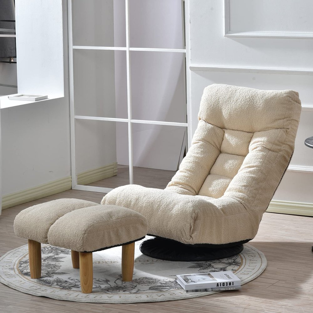 360-degree Swivel Gaming Chair, Folding Floor Chair with Adjustable Backrest, Cushion Padded Indoor Chaise Lounge with Stool, Lazy Sofa Couch Rocker Gaming Chair for Teens and Adults