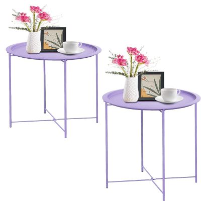 Garden 4 you End Table 2 PCS Metal Side Table Purple Round Folding Tray Cyan Sofa Small Accent Fold-able Table, Round End Table Tray, Next to Sofa Table, Snack Table for Living Room and Bed Room