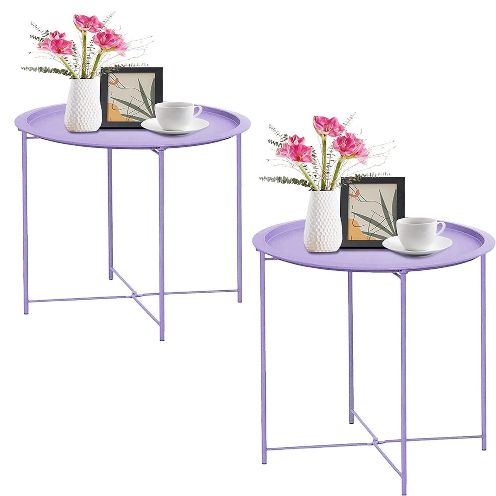 Garden 4 you End Table 2 PCS Metal Side Table Purple Round Folding Tray Cyan Sofa Small Accent Fold-able Table, Round End Table Tray, Next to Sofa Table, Snack Table for Living Room and Bed Room