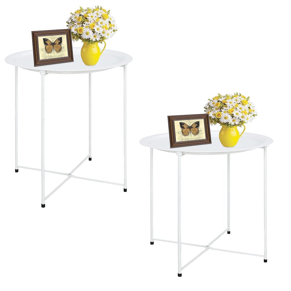Garden 4 you End Table Metal Side Table Round Folding Tray Cyan Sofa Small Accent Fold-able Table, Round End Table Tray, Next to Sofa Table, Snack Table for Living Room and Bed Room,White