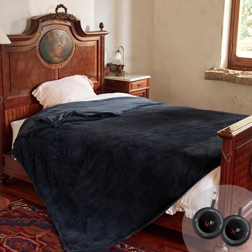 Texciting Electric Blanket Queen Size 84''X90'' - Heated Blanket with Dual Control Fast Heating 10 Heating Levels & 10 Hours Auto Off,ETL Certified Machine Washable (Black)