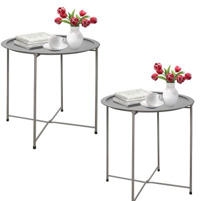 Garden 4 you Folding Tray Metal Side Table 2PC Grey Round End Table Cyan Sofa Small Accent Fold-able Table, Round End Table Tray, Next to Sofa Table, Snack Table for Living Room and Bed Room