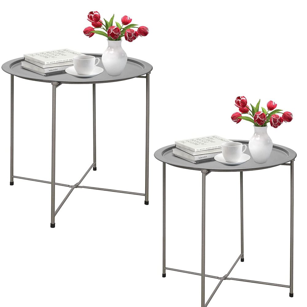 Garden 4 you Folding Tray Metal Side Table 2PC Grey Round End Table Cyan Sofa Small Accent Fold-able Table, Round End Table Tray, Next to Sofa Table, Snack Table for Living Room and Bed Room