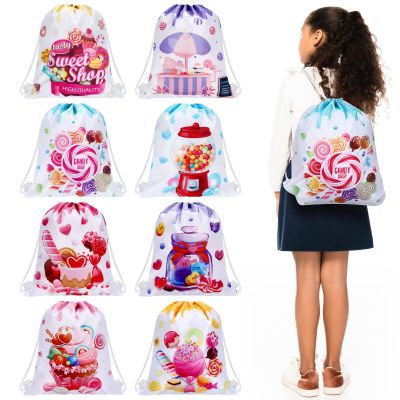 Kacctyen 16 Pcs Candyland Party Favors Goodie Bags, Polyester Drawstring Gift Bags with Stickers Candyland Themed Backpack Birthday Baby Shower Party Supplies