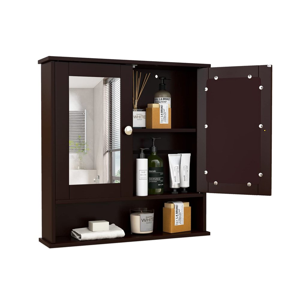 COSTWAY Bathroom Cabinet Wall Mount, Wooden Medicine Cabinet with 2 Mirror Doors, Adjustable Shelf, Open Compartment, for Laundry, Living Room, Kitchen, Brown