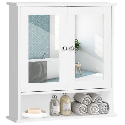 COSTWAY Bathroom Cabinet Wall Mount, Wooden Medicine Cabinet with 2 Mirror Doors, Adjustable Shelf, Open Compartment, for Laundry, Living Room, Kitchen, White