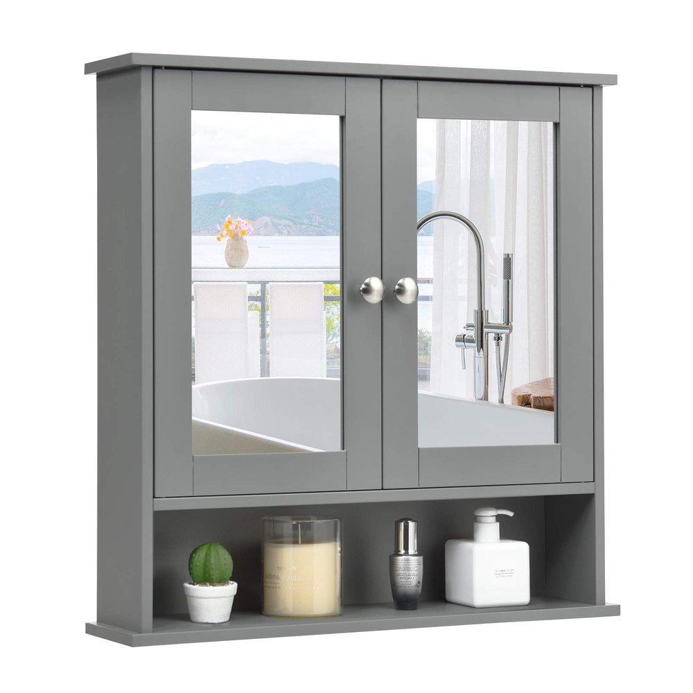 COSTWAY Bathroom Cabinet Wall Mount, Wooden Medicine Cabinet with 2 Mirror Doors, Adjustable Shelf, Open Compartment, for Laundry, Living Room, Kitchen, Gray