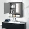 COSTWAY Bathroom Cabinet Wall Mount, Wooden Medicine Cabinet with 2 Mirror Doors, Adjustable Shelf, Open Compartment, for Laundry, Living Room, Kitchen, Gray view 2