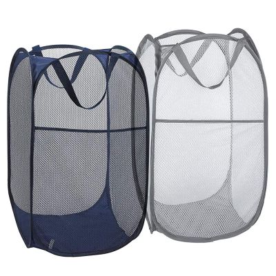 Buenod 2 Pack Mesh Laundry Hampers, Pop Up Laundry Baskets, Collapsible Clothes Storage Bins for Bedroom, Dormitory, Apartment, Grey+ Navy Blue
