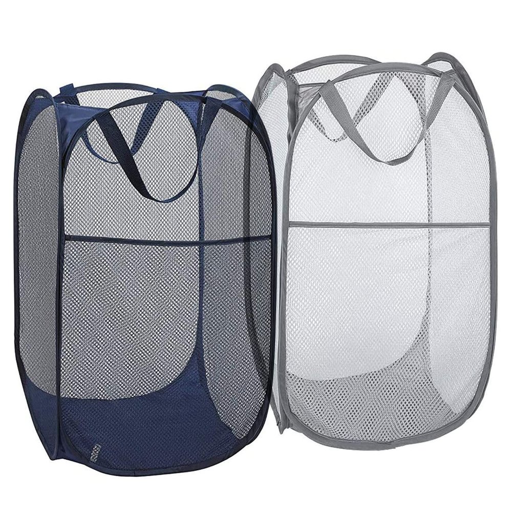 Buenod 2 Pack Mesh Laundry Hampers, Pop Up Laundry Baskets, Collapsible Clothes Storage Bins for Bedroom, Dormitory, Apartment, Grey+ Navy Blue