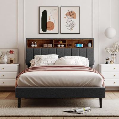 Anwick Full Bed Frame with USB Ports and Outlets, Upholstered Platform Bed with Storage Headboard, Full Size with Shelf Headboard, 10 Wood Slats, No Box Spring Needed (Gray + Linen, Full)