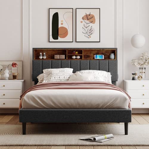 Anwick Full Bed Frame with USB Ports and Outlets, Upholstered Platform Bed with Storage Headboard, Full Size with Shelf Headboard, 10 Wood Slats, No Box Spring Needed (Gray + Linen, Full)