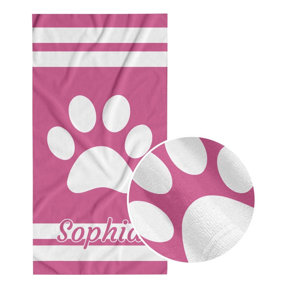 SunFancyCustom Pink White Stripe Paw Beach Towel Personalized with Name Sandproof Bath Towels for Basketball Baseball 30 x 60 Inch