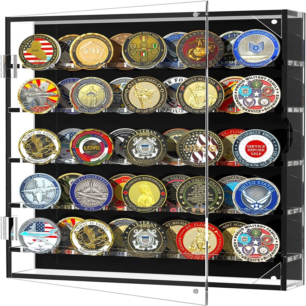 HHUXIUE Challenge Coin Wall Display Case, Acrylic Military Challenge Coin Holder with Removable Shelves and Magnetic Door,Coin Box fits 45 Military Medals Poker Chip