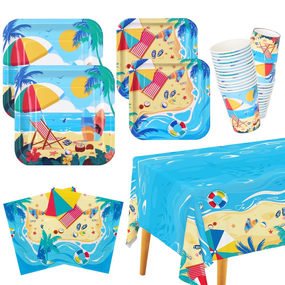 Beach Theme Party Supplies, Summer Pool Pack Includes: Paper Dinner Plates, Dessert Plates, Luncheon Napkins, Cups and Tablecloth for Hawaiian Party Birthday Decorations, Serve 25