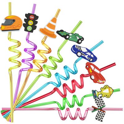 24 Pack Racing Car Reusable Straws Kids Party Favor Birthday Rapid Rally Racing Car Party Supplies Favor Drink Markers Band 2 Cleaning Brushes 8 Colors