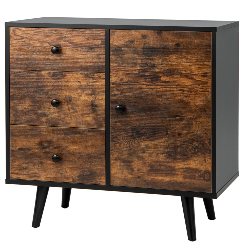 Tangkula Storage Cabinet with 3 Drawers and Door, Industrial Wood Accent Cabinet with Adjustable Shelf, Retro Farmhouse Sideboard Buffet for Kitchen Living Room (Industrial)