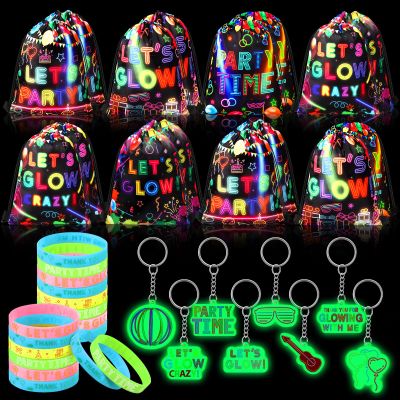 Talltalk 48 Pcs Glow in Dark Party Favor Bulk Neon Party Birthday Decoration Set 16 Let's Glow Drawstring Bag Treat Goodie Bag 16 Bracelet 16 Light Keychain for Mardi Gras carnival Neon Supplies Decor