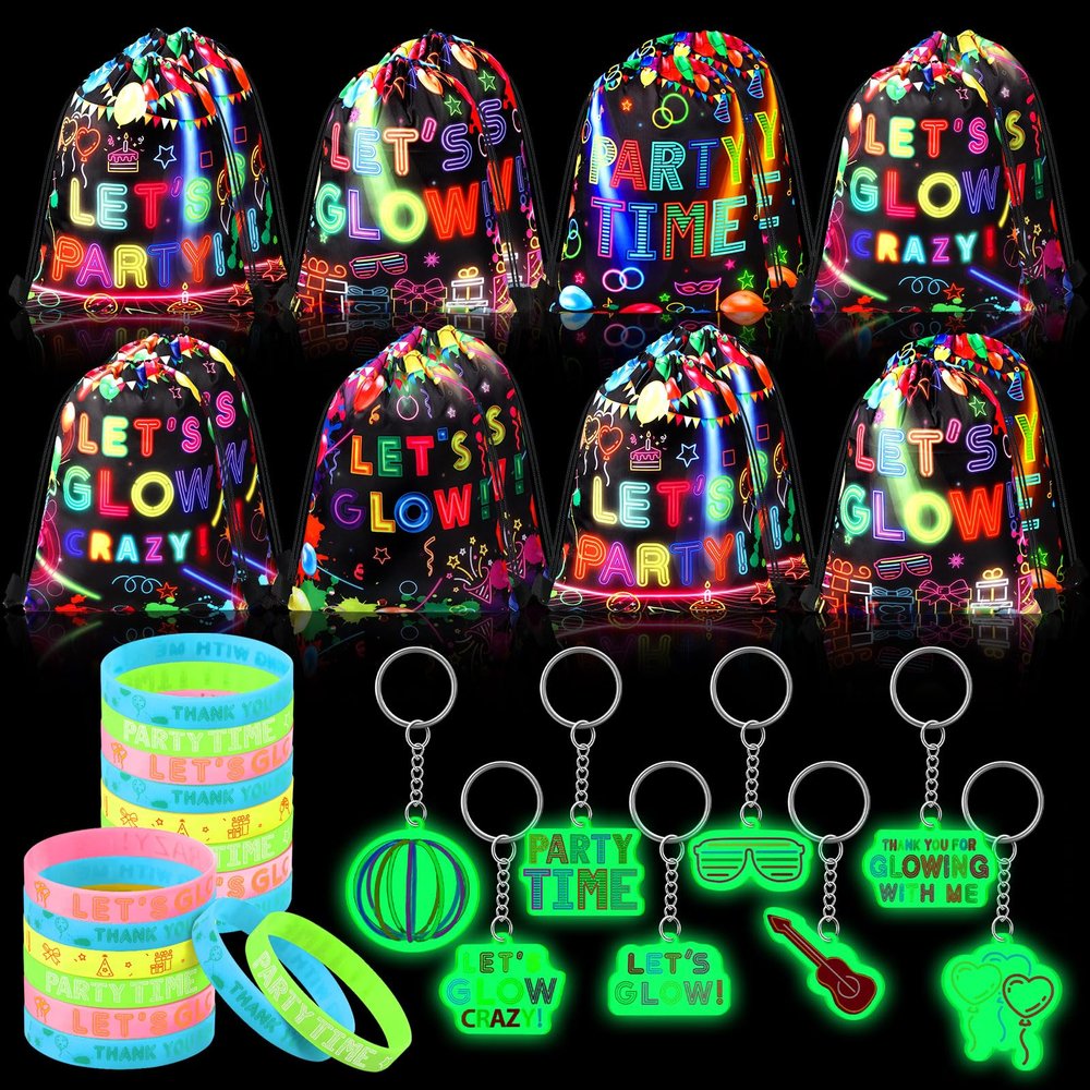 Talltalk 48 Pcs Glow in Dark Party Favor Bulk Neon Party Birthday Decoration Set 16 Let's Glow Drawstring Bag Treat Goodie Bag 16 Bracelet 16 Light Keychain for Mardi Gras carnival Neon Supplies Decor