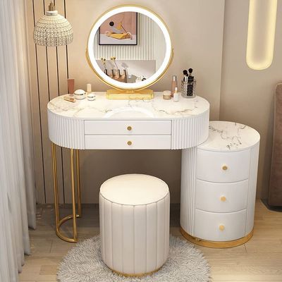 KWOKING Make-up Vanity Slate Top Makeup Vanity Desk Table All Solid Wood Slate Dressing Table LED Dimmable Mirror Storage Integrated Cabinet Dressing Table White With A Round Stool 31"L x 16"W x 30"H