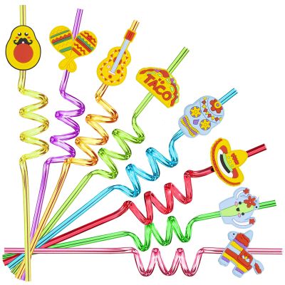 24pcs Cinco De Mayo Fiesta Theme Beverage Cocktail Shaped Straws for Mexican Fiesta Taco Party Supplies with 2 Pieces Straw Cleaning Brushes, 8 Colors Straws