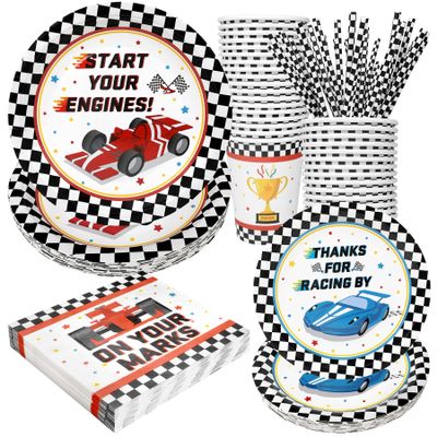 Recheel Racing Car Party Supplies Decorations, Checked Race Car Theme Birthday Paper Plates and Napkins Set with Cups and Straws for 24 Guests, 120 Pcs Disposable Party Dessert Dinnerwares