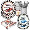 Recheel Racing Car Party Supplies Decorations, Checked Race Car Theme Birthday Paper Plates and Napkins Set with Cups and Straws for 24 Guests, 120 Pcs Disposable Party Dessert Dinnerwares view 1