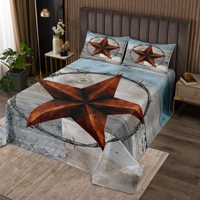 Western Texas Star Kids Bedspread King Size,Old Wooden Plank Barn Retro Coverlet Set,Girls Boys Adults Room Decor,Cowboy Rustic Farmhouse Quilted Coverlet,Blue Brown Bedding Quilt,2 Pillowcases