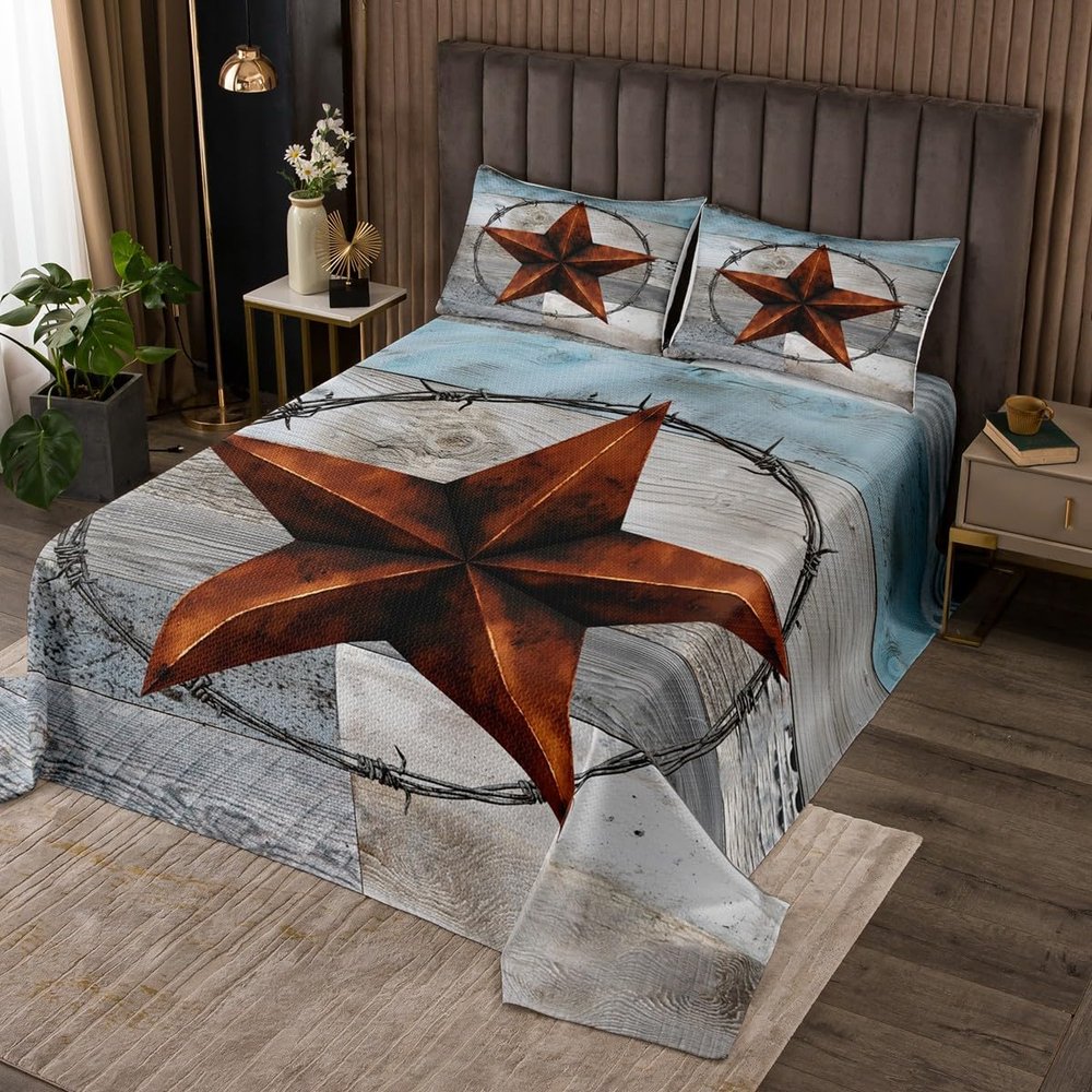 Western Texas Star Kids Bedspread King Size,Old Wooden Plank Barn Retro Coverlet Set,Girls Boys Adults Room Decor,Cowboy Rustic Farmhouse Quilted Coverlet,Blue Brown Bedding Quilt,2 Pillowcases
