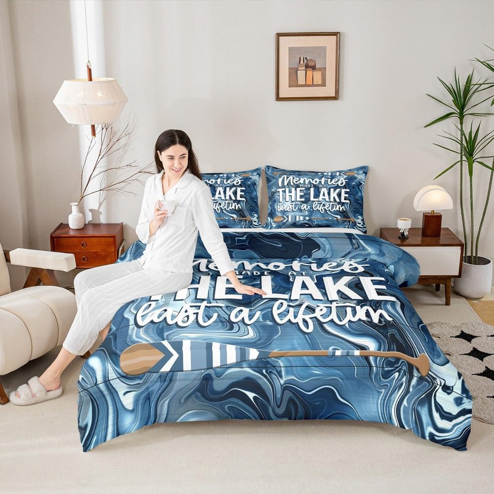 Lake House Kids Comforter Set King Size,Paddle Fishing Marbled Cabin Bedding Set,Girls Boys Adults Room Decor,Wooden Plank Rustic Farmhouse Down Comforter,Blue Dreamy Duvet Insert,2 Pillowcases
