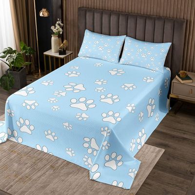 Dog Paw Print Kids Bedspread Twin Size,Cute Animals Pets Paw Toddler Coverlet Set,Girls Boys Adults Room Decor,Cartoon Dog Kawaii Fashion Quilted Coverlet,Blue Lovely Bedding Quilt,1 Pillowcase