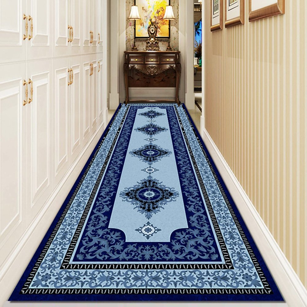Hallway Runner Rug, Long Ultra Soft Kitchen Runner Rug, Blue Traditional Runner Rug for Entryway Indoor Large, Kitchen Floor Non Slip Area Carpet, Washable Hallway Carpet Runner with Floral Border ( S