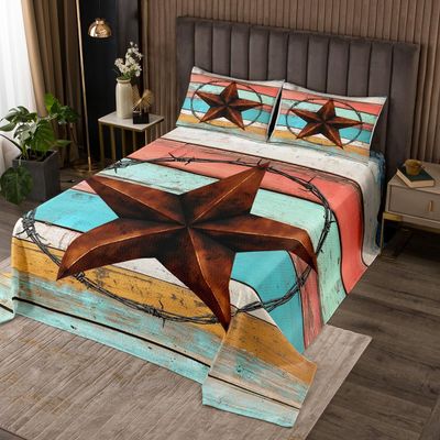 Western Texas Star Kids Bedspread Queen Size,Wooden Barn Rustic Farmhouse Coverlet Set,Girls Boys Adults Room Decor,Cowboy Tribal Ethnic Quilted Coverlet,Colorful Retro Bedding Quilt,2 Pillowcases