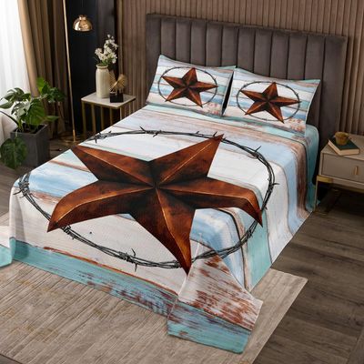 Western Texas Star Kids Bedspread King Size,Old Wooden Plank Retro Coverlet Set,Girls Boys Adults Room Decor,Cowboy Tribal Rustic Farmhouse Quilted Coverlet,Black Grey Bedding Quilt,2 Pillowcases