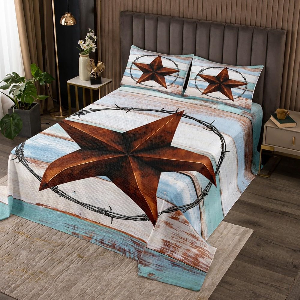 Western Texas Star Kids Bedspread King Size,Old Wooden Plank Retro Coverlet Set,Girls Boys Adults Room Decor,Cowboy Tribal Rustic Farmhouse Quilted Coverlet,Black Grey Bedding Quilt,2 Pillowcases