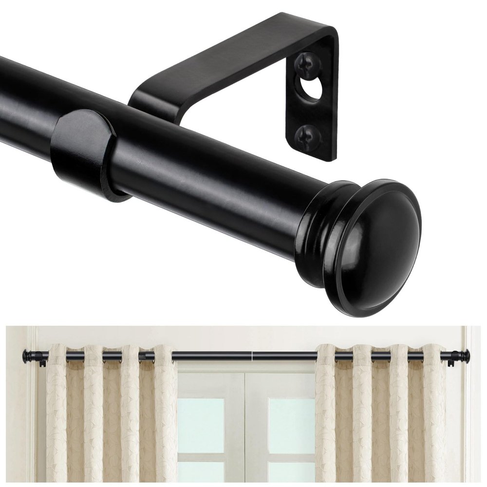 TONIAL Curtain Rod 32 to 58 Inch(2.6-4.8ft), Telescoping Splicing 3/4 Drapery Rods for Windows 20 to 53 Inch(1.7-4.4ft), Decorative Single Rod with Small Cap Finial, Black
