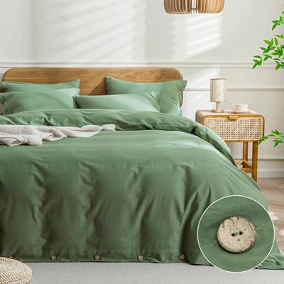 JELLYMONI Cotton Duvet Cover Super King Size - Green Comforter Cover with Button 100% Washed Cotton 3PCS Breathable Soft Solid Bedding Set Duvet Cover 11698in & 2 Pillowcases (NO Comforter)