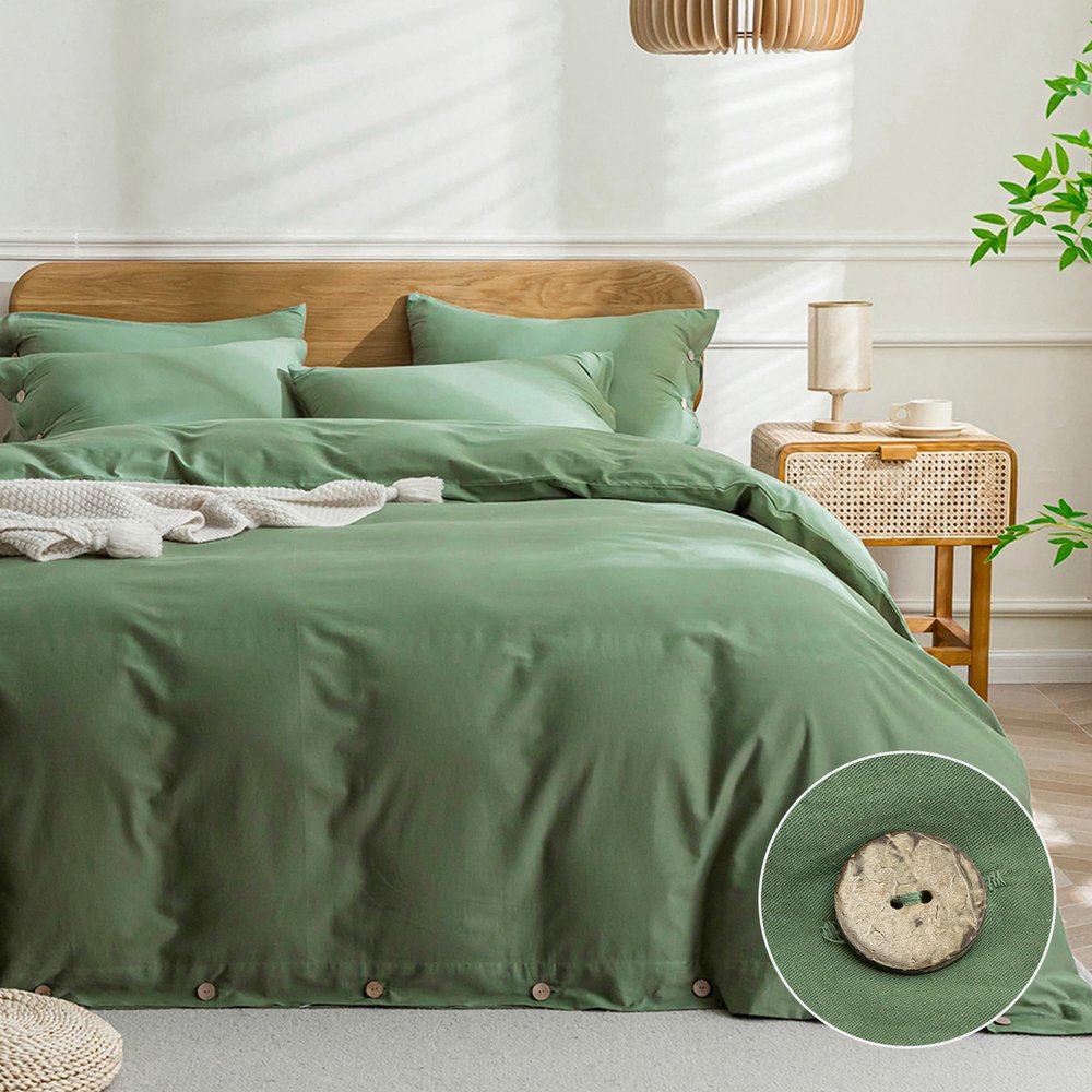 JELLYMONI Cotton Duvet Cover Super King Size - Green Comforter Cover with Button 100% Washed Cotton 3PCS Breathable Soft Solid Bedding Set Duvet Cover 11698in & 2 Pillowcases (NO Comforter)