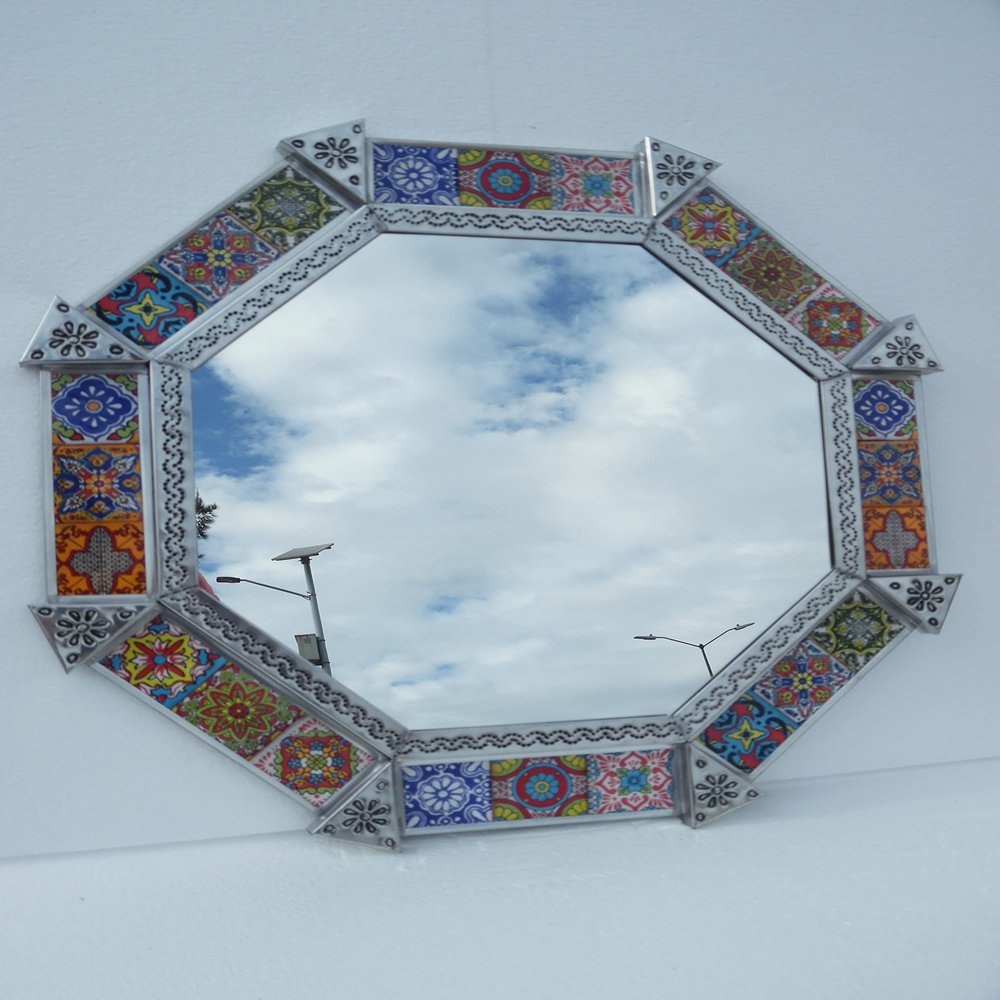 20" PUNCHED TIN MIRROR octagonal mixed talavera tiles mexican folk art