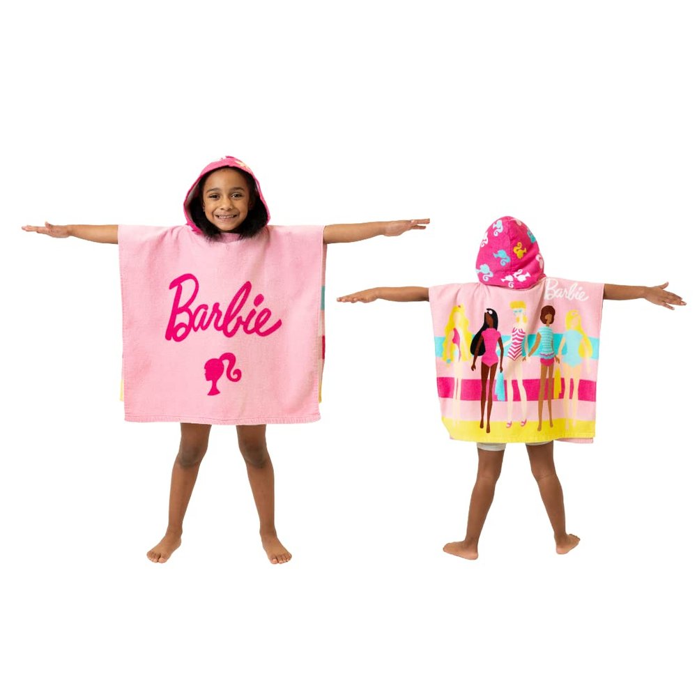 Franco Barbie Kids Beach/Pool/Bath/Camping Hooded Towel Poncho 24" X 22", Absorbent Cotton Cover up, (100% Official Licensed Barbie Product), Large