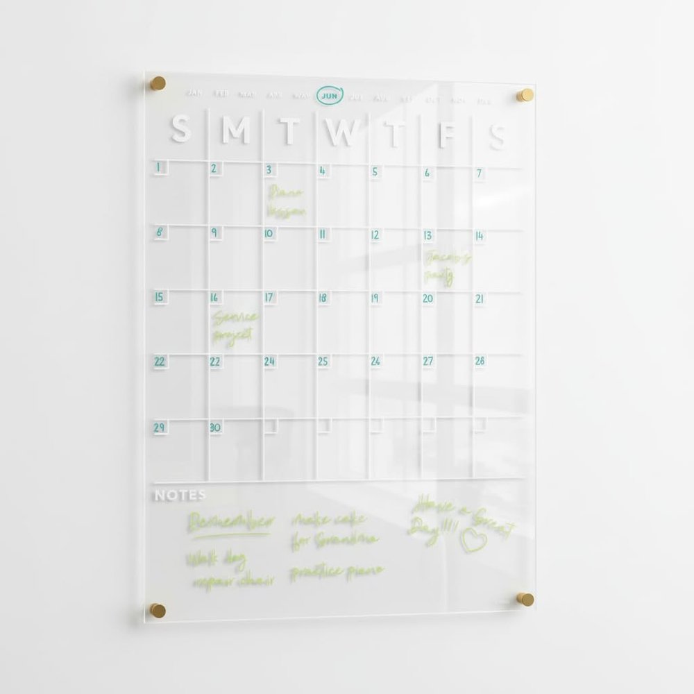 Magnetic Acrylic Month/Notes Calendar for Fridge, Wet/Dry-Erase Board for Refrigerator, Includes Magnetic Wet-Erase Marker, Optional Color Marker Set