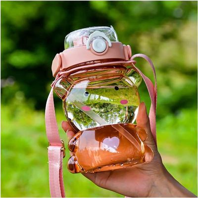 Kawaii Bear Water Bottle with Straw,Cute Water Bottles with Adjustable and Removable Shoulder Strap for Kids School,Portable Leakproof Drinking Cups for Girls Women Camping Picnic (Pink)
