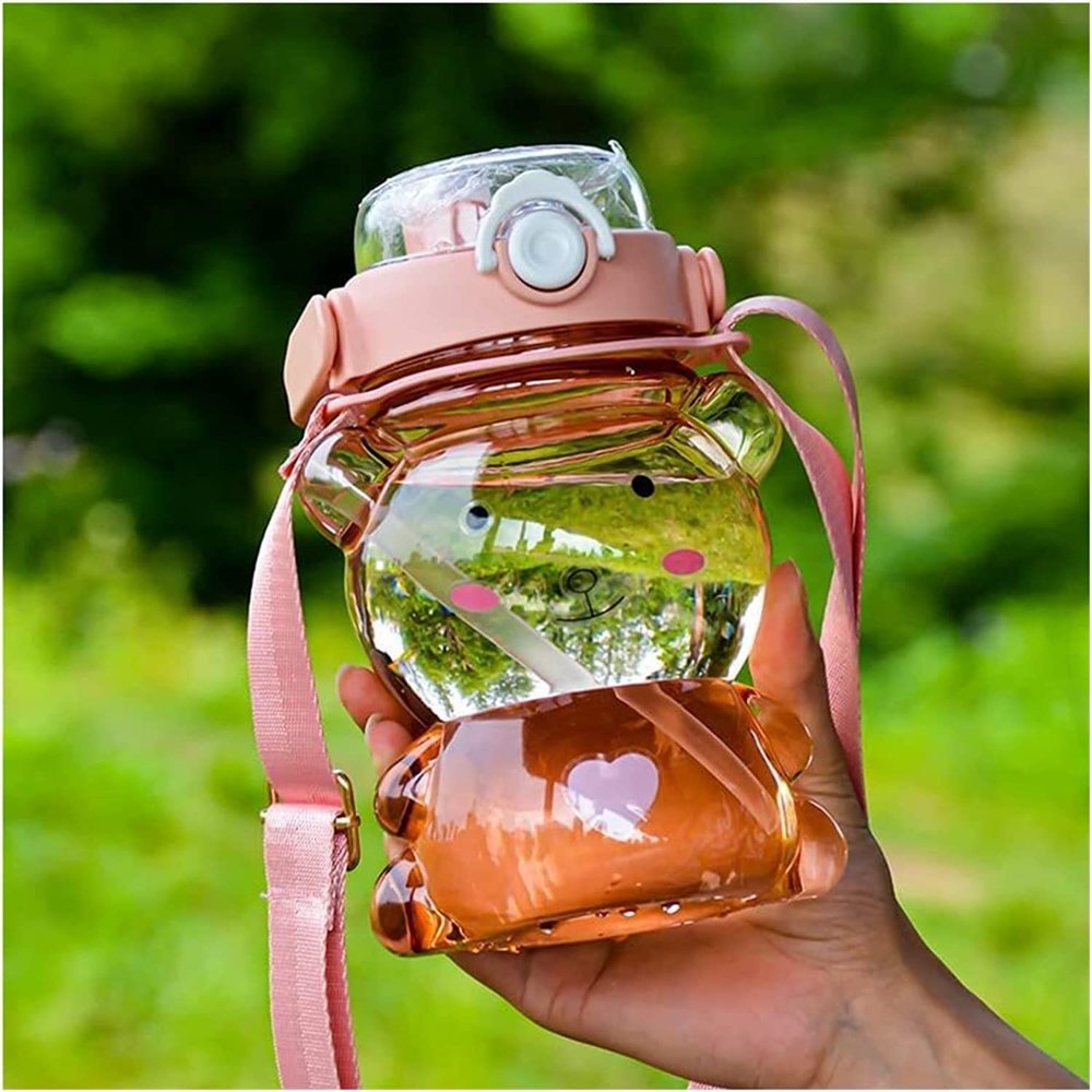 Kawaii Bear Water Bottle with Straw,Cute Water Bottles with Adjustable and Removable Shoulder Strap for Kids School,Portable Leakproof Drinking Cups for Girls Women Camping Picnic (Pink)