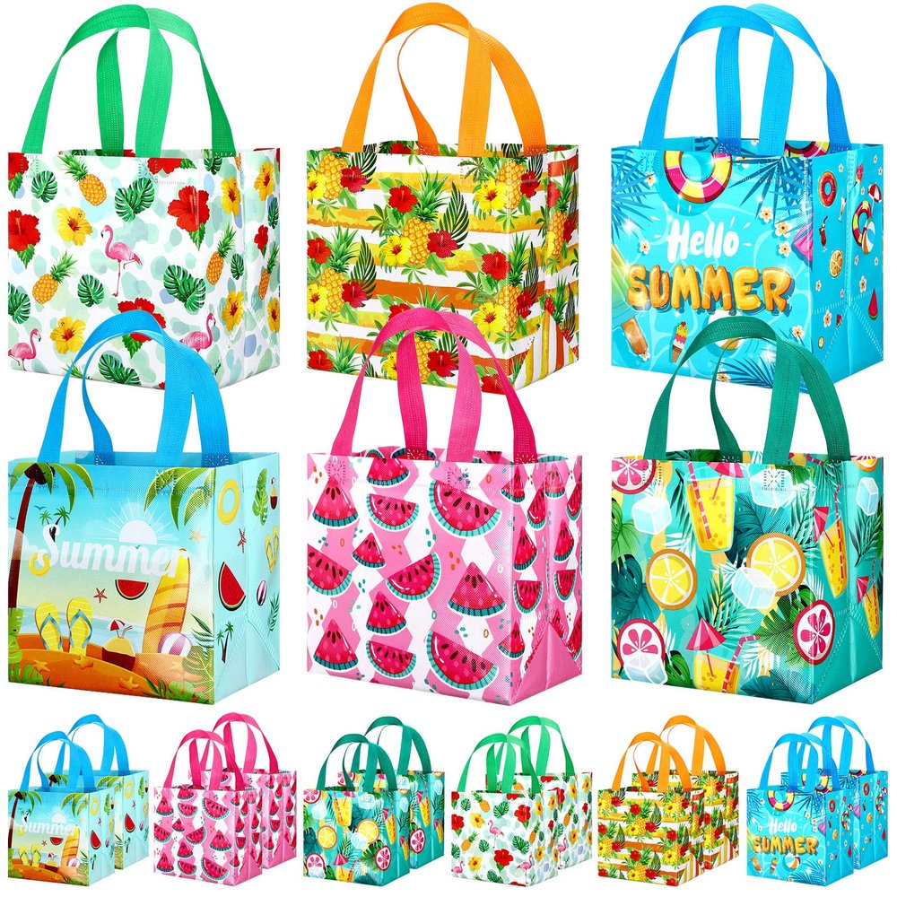 Woanger 32 Pcs Hawaii Gift Bags Bulk Summer Luau Party Favor Bags Beach Watermelon Pineapple Flamingo Theme Non Woven Tropical Goodies Bags with Handles for Hawaiian Pool Party Supplies
