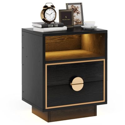 LITTLE TREE LED Nightstands, Black Wood Nightstand with Led Lights, End Table with 2 Drawers for Bedroom, Living Room