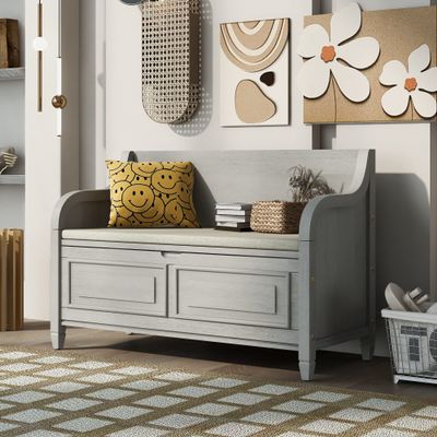 P PURLOVE 42 Inch Rustic Style Storage Bench with Safety Hinge,Solid Wood Entryway Multifunctional Storage Bench Shoe Bench with Removable Cushion for Living Room,Bedroom