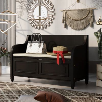 P PURLOVE 42 Inch Rustic Style Storage Bench with Safety Hinge,Solid Wood Entryway Multifunctional Storage Bench Shoe Bench with Removable Cushion for Living Room,Bedroom